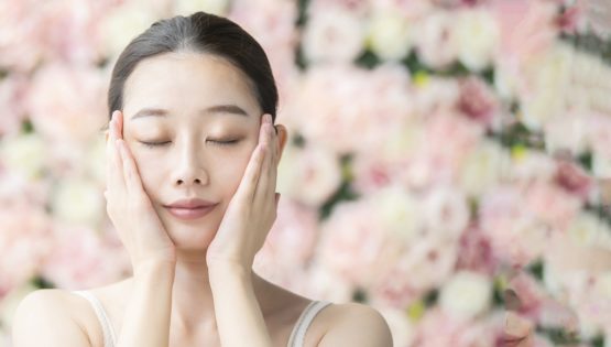 Facial skin care with roses background