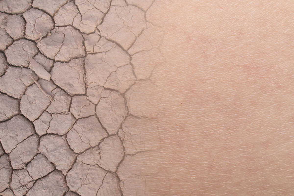 An extreme close up of skin that fades into a cracked desert landscape
